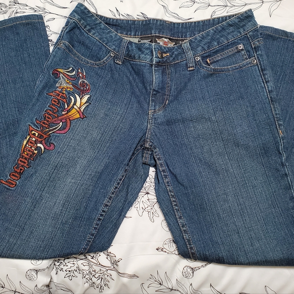 Harley-Davidson embroidered blue jeans